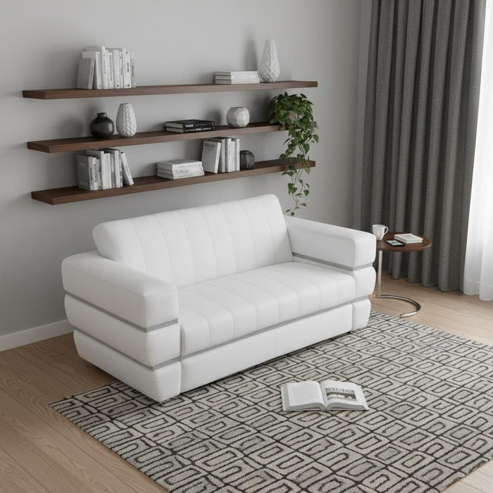 Italian Leather Loveseat - White / Silver