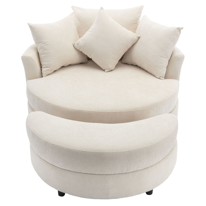 Giga 360° swivel accent barrel chair with matching storage ottoman and four decorative pillows, modern round living room furniture