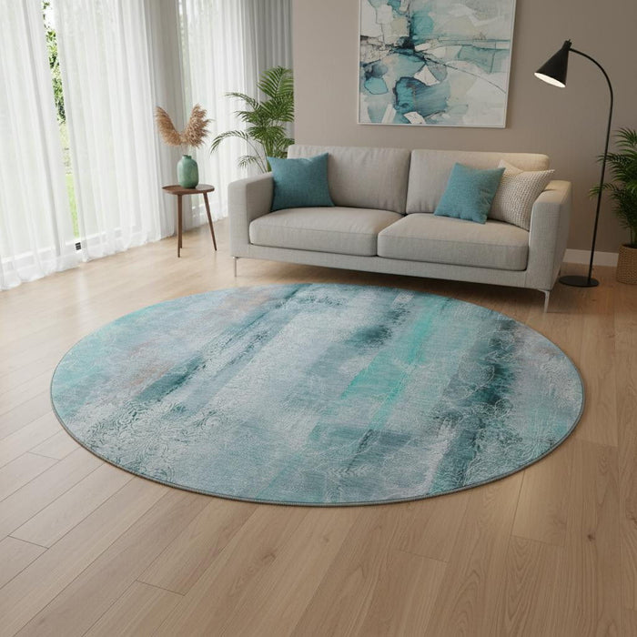 8' Abstract Washable Round Rug With UV Protection (648145) - Teal / Ivory