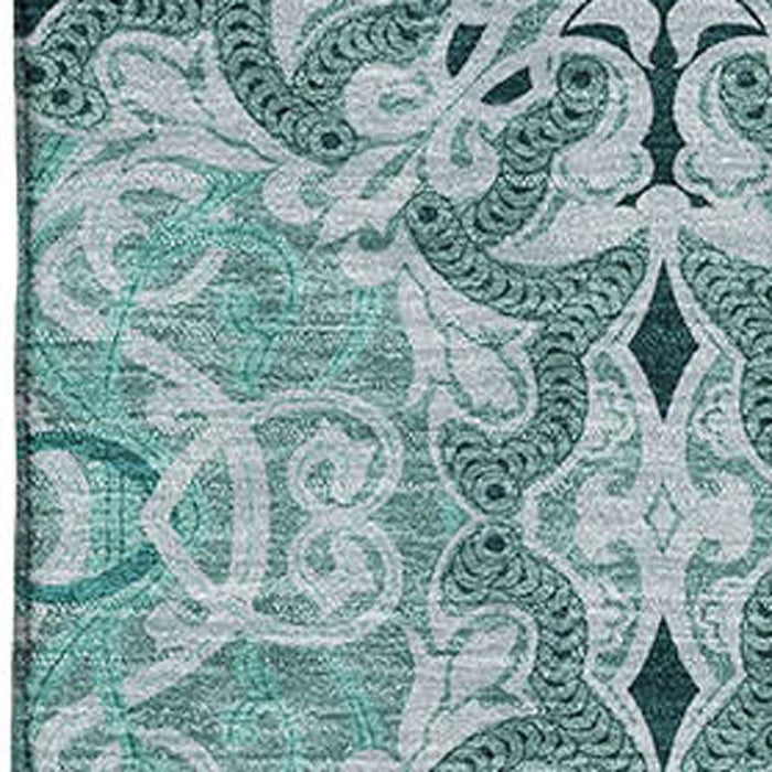 9' X 12' Medallion Washable Area Rug Polyester With UV Protection - Teal And Ivory