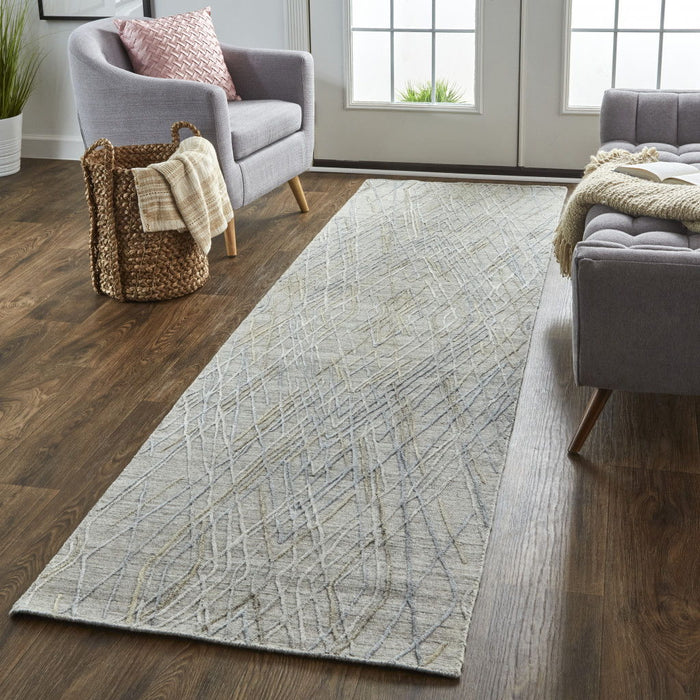 10' Abstract Hand Woven Runner Rug - Gray And Blue