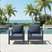 Two Giga all-weather ergonomic patio armchairs with thick cushions, set of 2, featuring sturdy frames and plush seating for outdoor comfort.