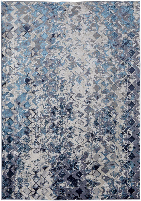 12' x 15' Geometric Power Loom Distressed Area Rug - Blue Ivory And Gray