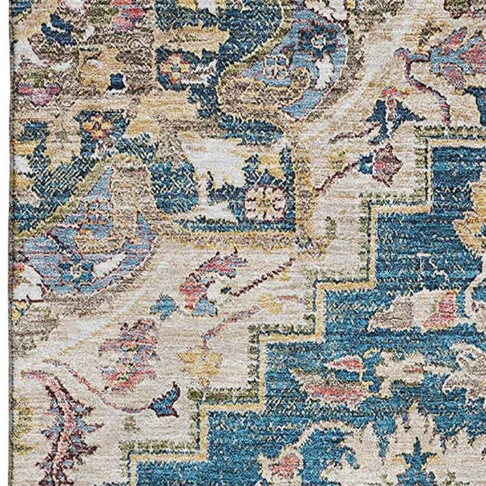 9' X 12' Floral Medallion Washable Area Rug With UV Protection - Blue