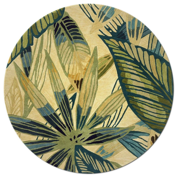 8' Hand Tufted Tropical Leaves Round Indoor Area Rug - Ivory Teal