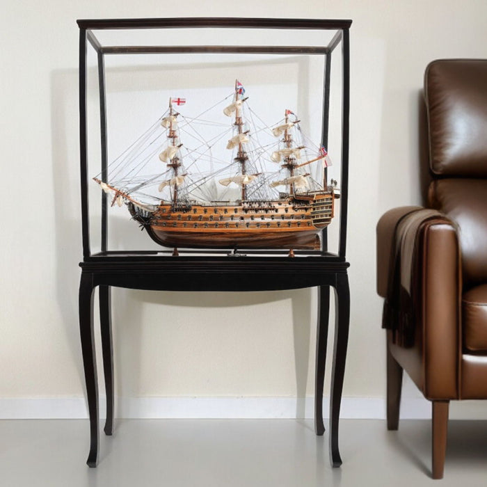 Hand Painted HMS Victory Medium Open Front Display Case Model Boat - Brown