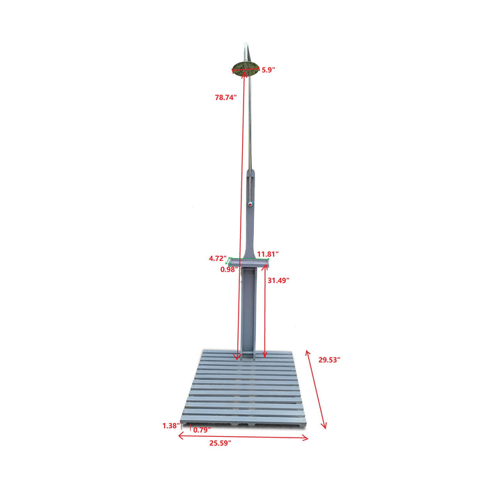 Giga outdoor garden pool shower with chassis board, stainless steel shower head, and outdoor patio setup for rinsing after swimming.