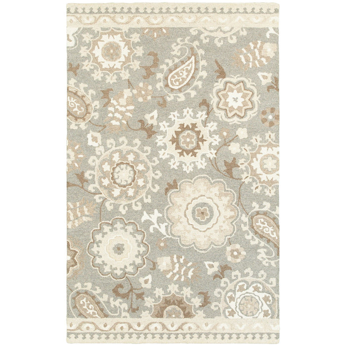 5' X 8' Wool Floral Hand Tufted Area Rug - Gray And Sand
