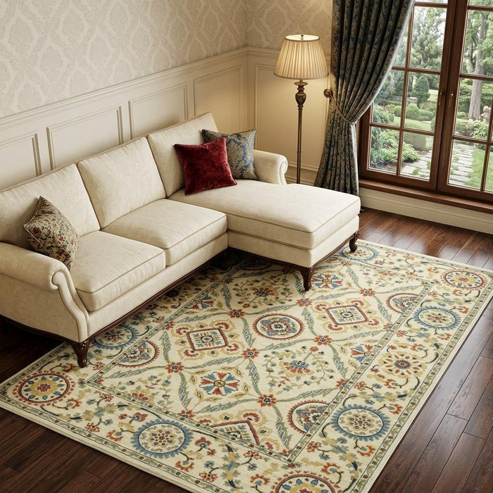 10' X 13' Oriental Area Rug With Fringe (574602) - Ivory / Blue / Red
