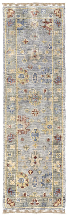10' Wool Floral Hand Knotted Runner Rug With Fringe - Light Blue And Taupe
