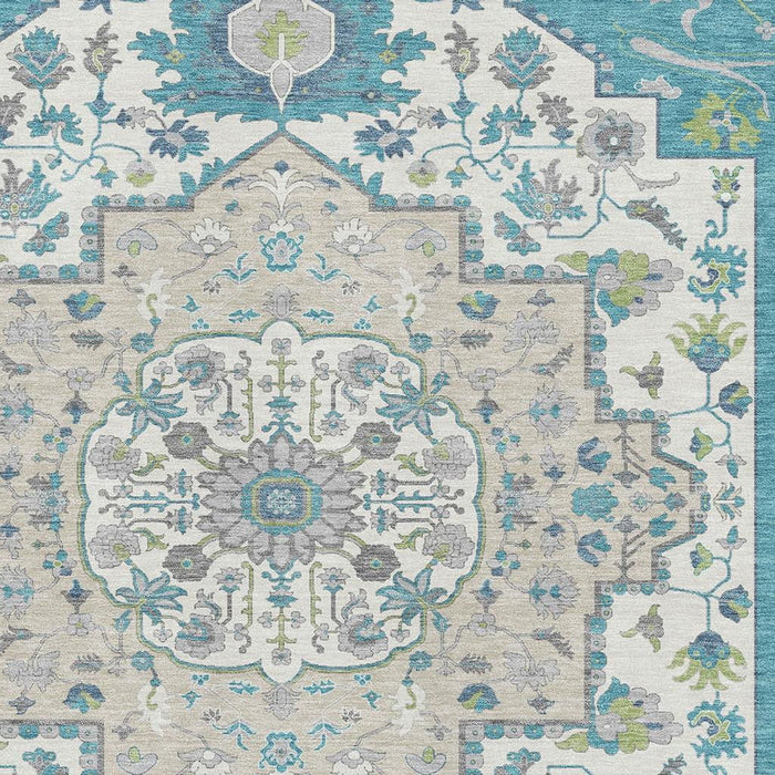 10' X 14' Oriental Washable Area Rug With UV Protection (677783) - Teal / Ivory / Green