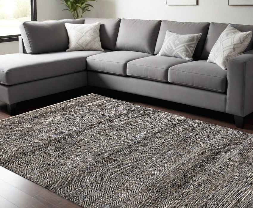 12' x 15' Wool Striped Shag Hand Knotted Area Rug - Gray And Ivory