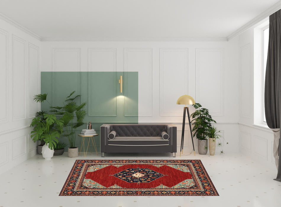 6' x 9' Oriental Power Loom Area Rug With Fringe - Blue And Red
