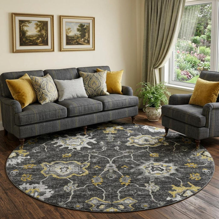8' Floral Medallion Distressed Washable Round Rug With UV Protection (644613) - Graphite / Ivory / Gold