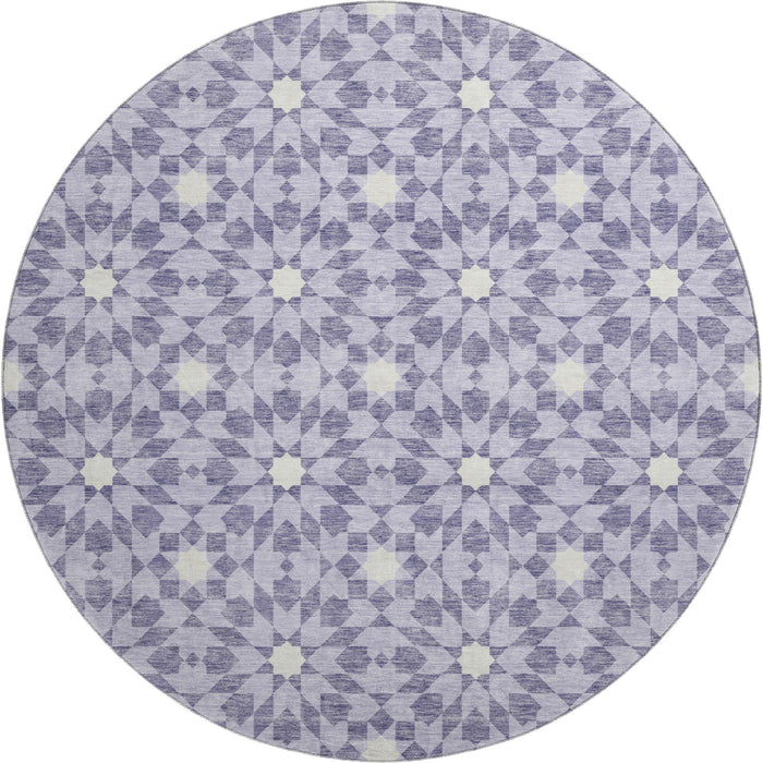 8' Geometric Washable Round Rug With UV Protection - Lilac And Ivory