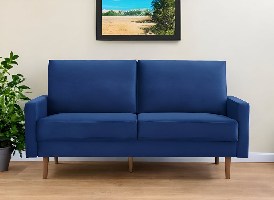 Velvet Sofa With Dark Brown Legs - Blue