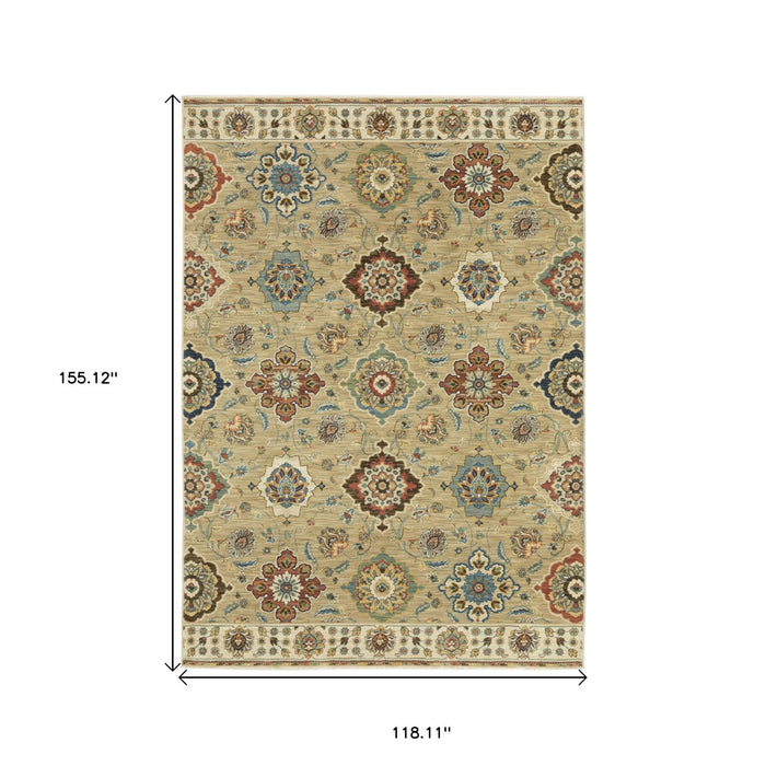 10' X 13' Floral Area Rug With Fringe - Tan