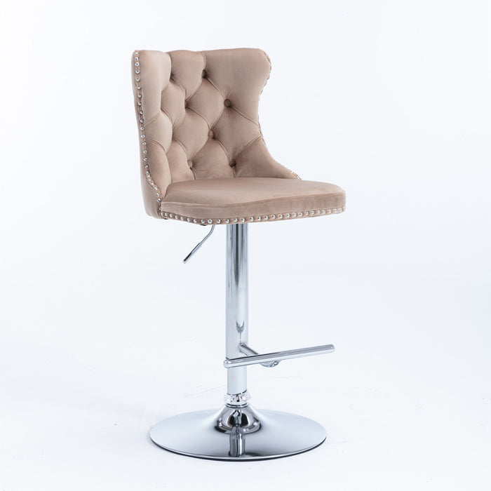 Pair of Giga modern upholstered swivel barstools with tufted backs, adjustable height 25-33", ideal for home pub and kitchen island.