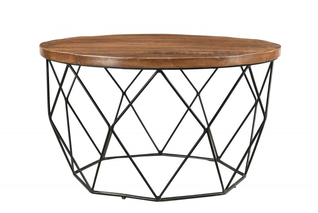 Solid Wood And Iron Round Frame Coffee Table - Brown