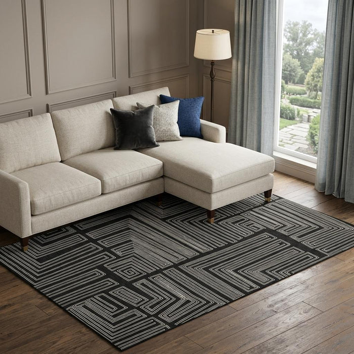 10' X 14' Geometric Washable Area Rug With UV Protection (681953) - Black / Ivory