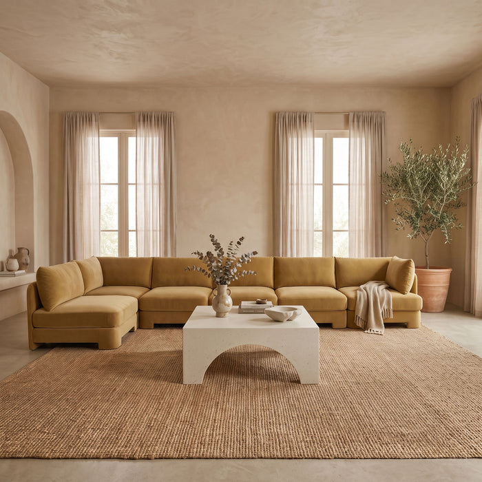 Meridian Furniture Hammond velvet upholstered 6-piece L-shaped armless sectional sofa, stationary design with plush fabric.