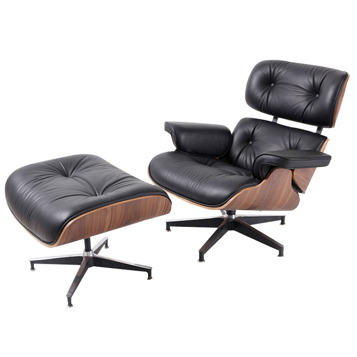 Tufted black and brown leather swivel lounge chair with matching ottoman by HomeRoots, showcasing plush upholstery and modern design.