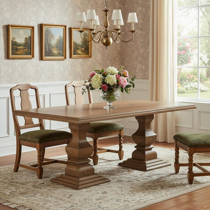 75" Solid Wood Double Pedestal Base Dining Table - Brown