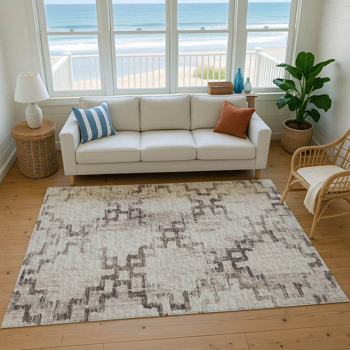 10' X 14' Tribal Washable Area Rug With UV Protection - Coffee And Ivory