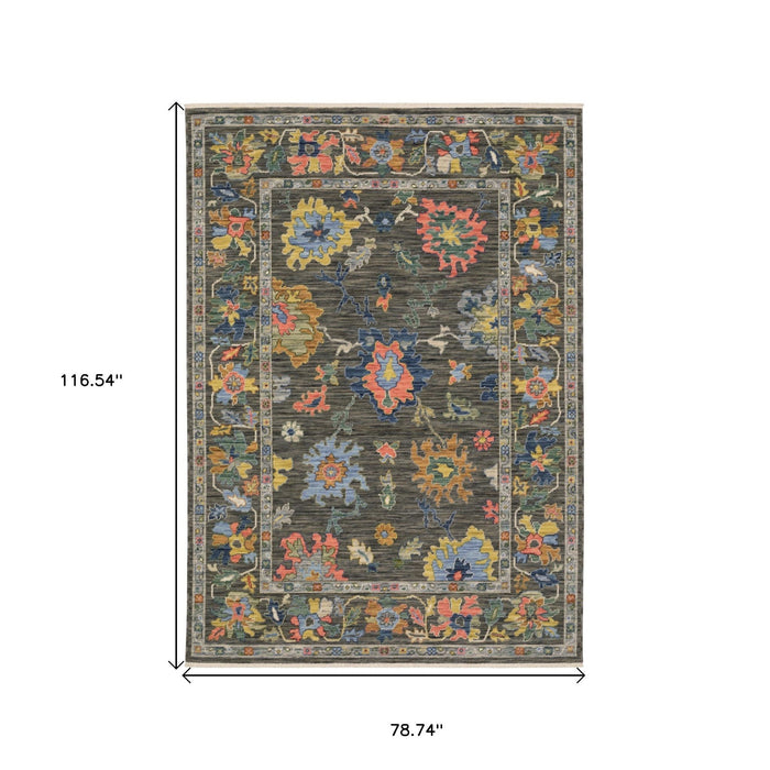 7' X 10' Oriental Area Rug With Fringe - Gray / Blue