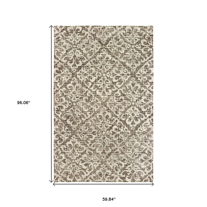 5' X 8' Wool Floral Hand Tufted Area Rug - Brown And Ivory