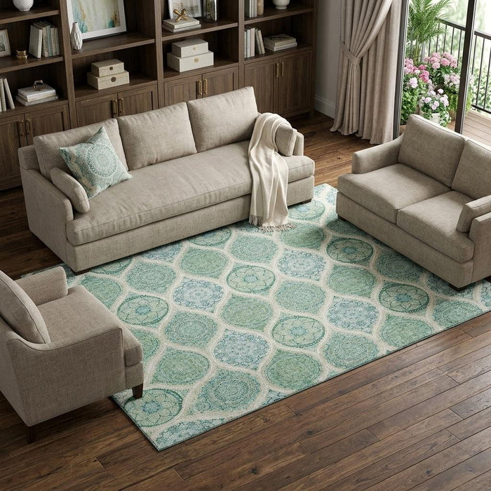 10' X 14' Ogee Washable Area Rug With UV Protection (677124) - Sage / Ivory / Teal