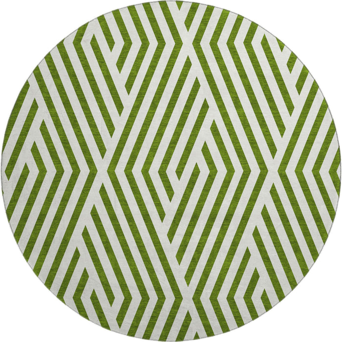 8' Geometric Washable Round Rug With UV Protection (648571) - Olive Green / Ivory