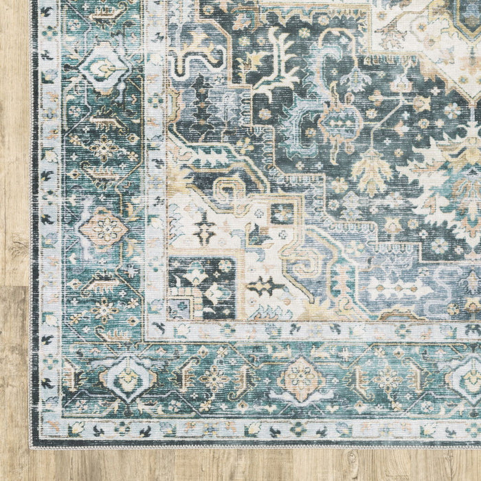 7' x 10' Oriental Printed Stain Resistant Non Skid Area Rug - Blue Ivory Teal Brown And Gold