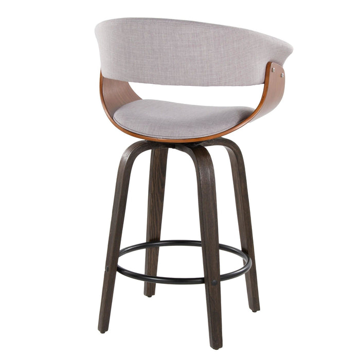 Vintage Mod - 26" Fixed-Height Counter Stool With Swivel (Set of 2) - Walnut Glazed Wood And Stone Fabric With Walnut Wood Accents And Round Black Metal Footrest