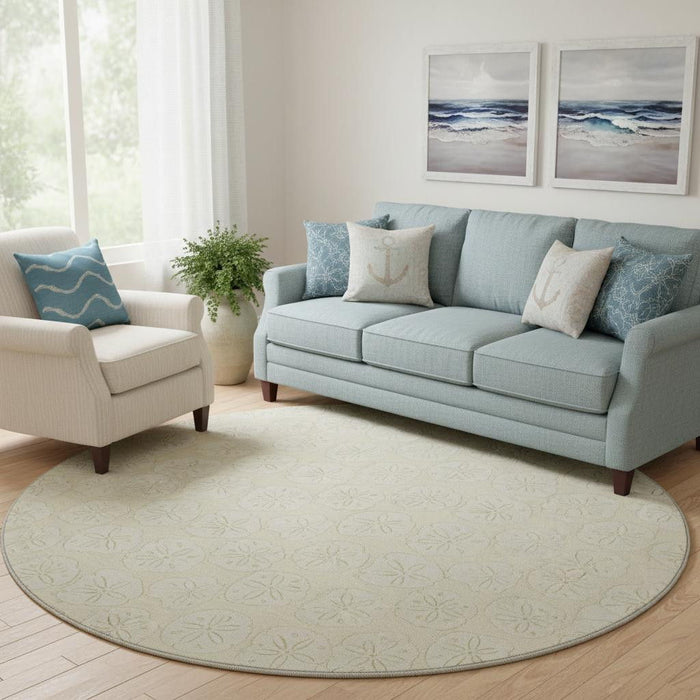 8' Geometric Washable Round Rug With UV Protection (646076) - Sand / Ivory
