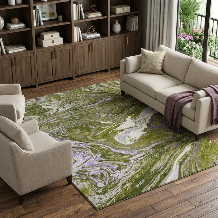 10' X 14' Abstract Washable Area Rug With UV Protection (683135) - Olive Green / Purple / Ivory