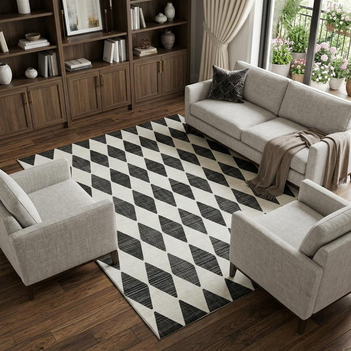 8' X 10' Diamond Washable Area Rug With UV Protection (650024) - Black / Ivory