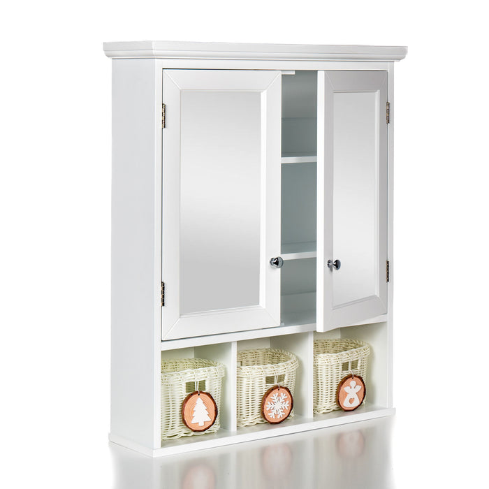 White Giga bathroom medicine cabinet with mirror, two doors, two adjustable shelves, and three festive Christmas-style storage baskets.