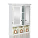 White Giga bathroom medicine cabinet with mirror, two doors, two adjustable shelves, and three festive Christmas-style storage baskets.