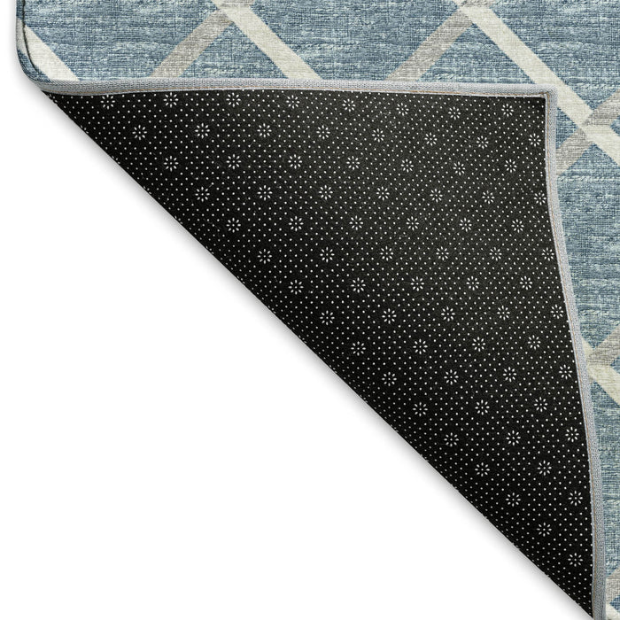 8' Geometric Washable Round Rug With UV Protection - Sky Blue / Ivory
