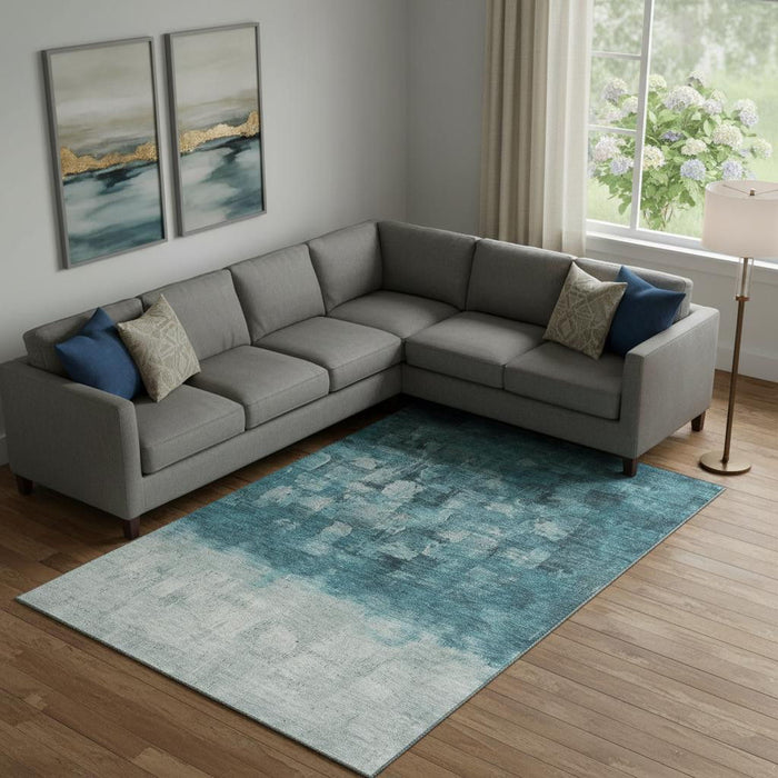 10' X 14' Abstract Washable Area Rug With UV Protection (718484) - Teal / Ivory
