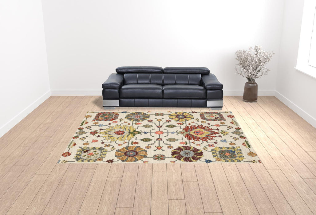 10' x 13' Oriental Power Loom Stain Resistant Area Rug With Fringe - Ivory Yellow Rust Green Gray Pink Orange Blue And Gray