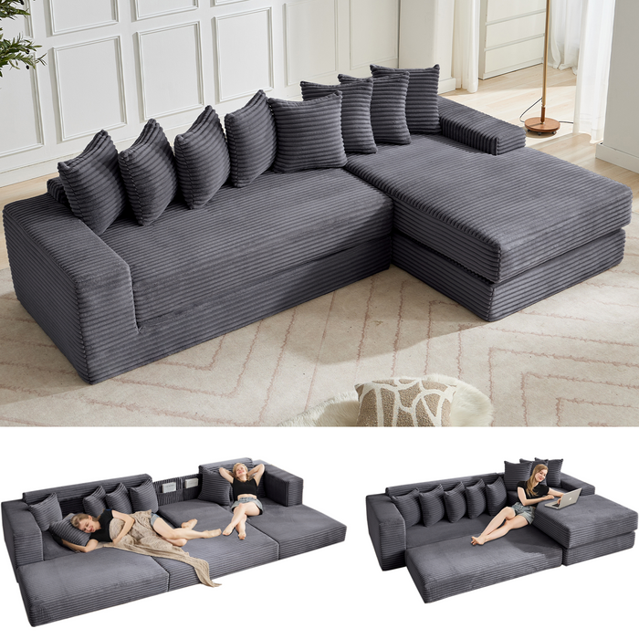 [NEW ARRIVED] [VIDEO PROVIDED] Oversize Cloud Couch, L-Shape Sofa, Convertible Floor Sleeper Sofa Bed, No Assembly ,Eight pillows,3-in-1,Magazine bag,(Right Facing Sofa),Corduroy,Dark Gray