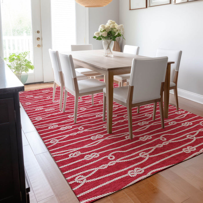 10' X 14' Nautical Washable Area Rug With UV Protection - Red / Ivory