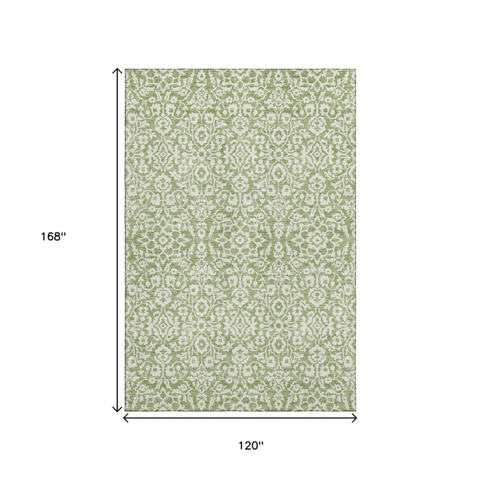 10' X 14' Damask Washable Area Rug With UV Protection (673133) - Green / Ivory