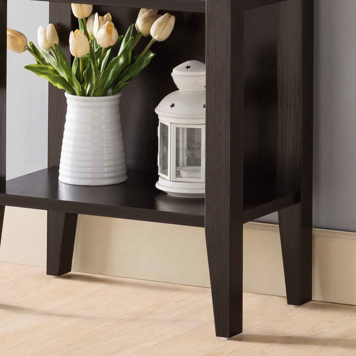 Giga wooden wine bottle rack with four shelves, metal wine glass rack in red cocoa and espresso finish, ideal for wine storage.