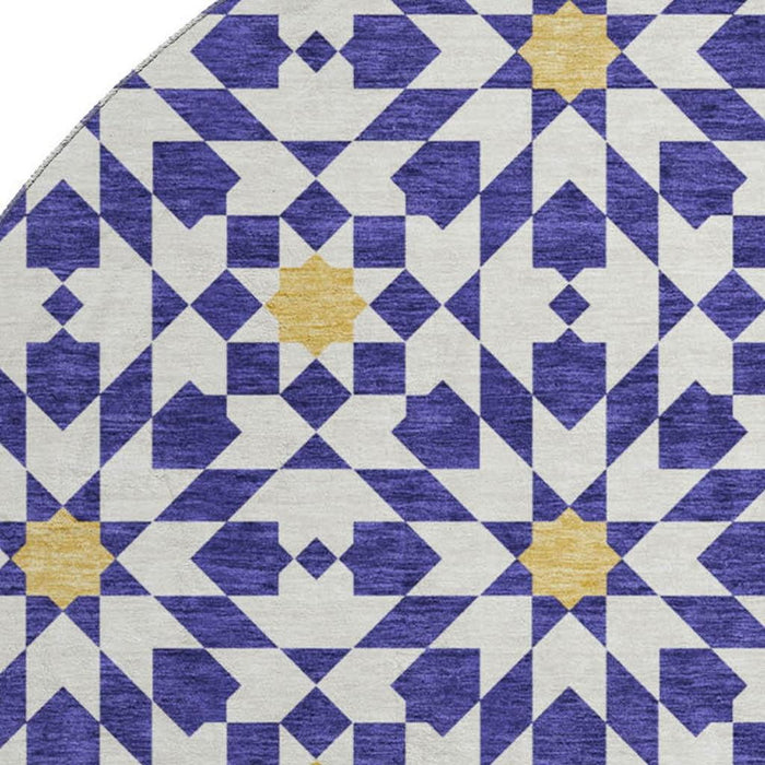 8' Geometric Washable Round Rug With UV Protection - Navy Blue