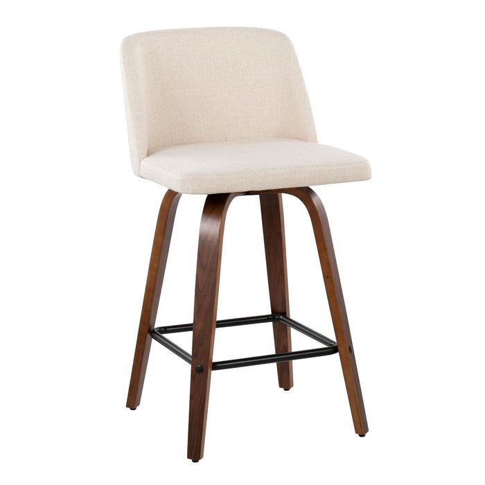 Toriano - Fixed - Height Counter Stool - Walnut Wood With Square Black Footrest And Cream Noise Fabric (Set of 2)