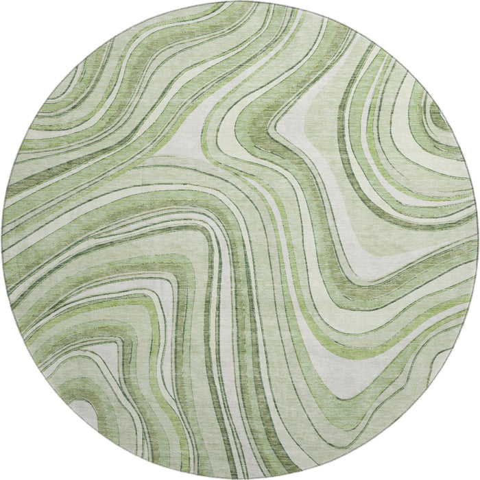 8' Marble Washable Round Rug With UV Protection - Artichoke Green And Ivory