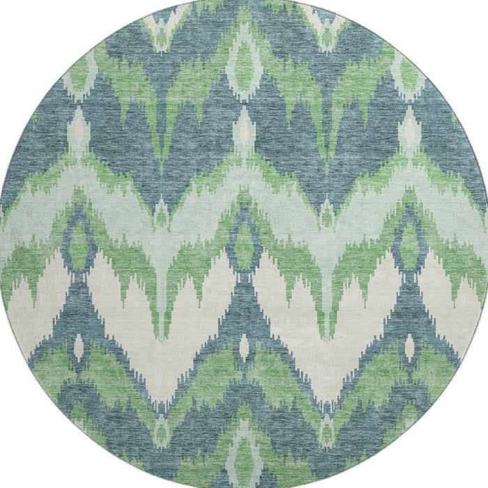 8' Ikat Washable Round Rug With UV Protection - Green And Ivory